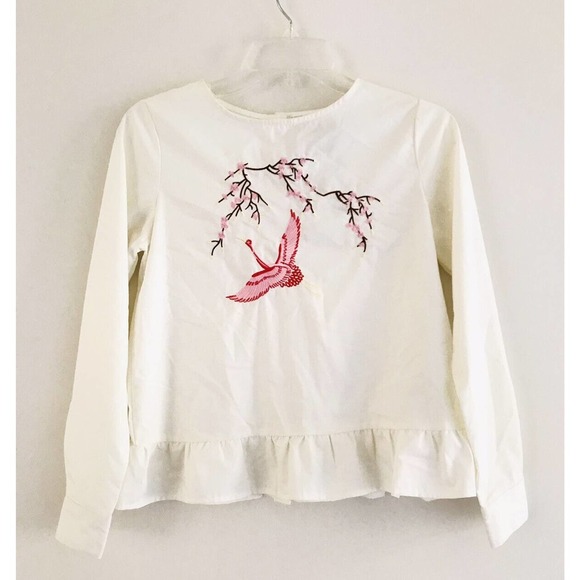 Asos Petite | Embroidered Bird Top Size US 2 White Button Back Peplum Crewneck - Picture 1 of 8